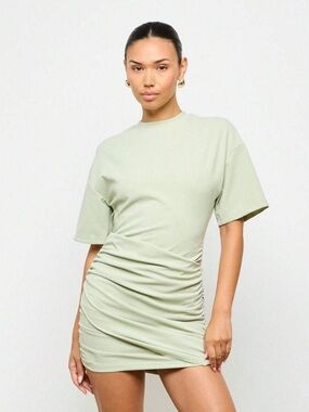 Ruched Short Sleeve Mini Dress - Light Sage